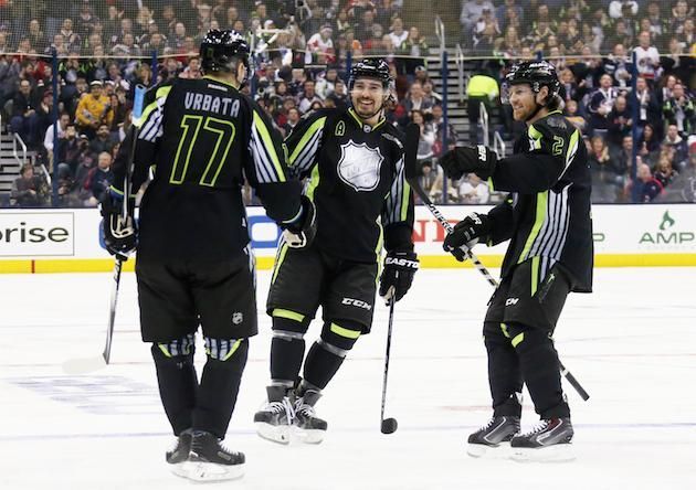 532638787JH00015_2015_Honda - COLUMBUS, OH - JANUARY 25:  Radim Vrbata #17 of the Vancouver Canucks and Team Foligno celebrates with Drew Doughty #8 of the Los Angeles Kings after scoring a goal in the first period against Roberto Luongo #1 of the Florida Panthers and Team Toews during the 2015 Honda NHL All-Star Game at Nationwide Arena on January 25, 2015 in Columbus, Ohio.  (Photo by Bruce Bennett/Getty Images)